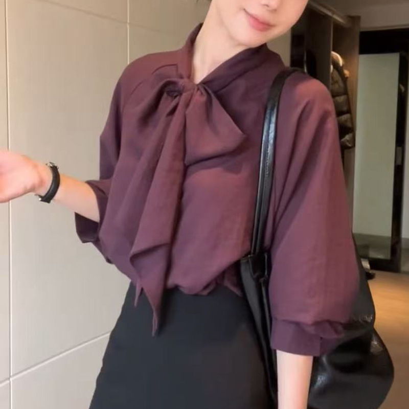 时尚通勤蝴蝶结系带领长袖衬衫女高级感气质小资别致修身百搭上衣|undefined