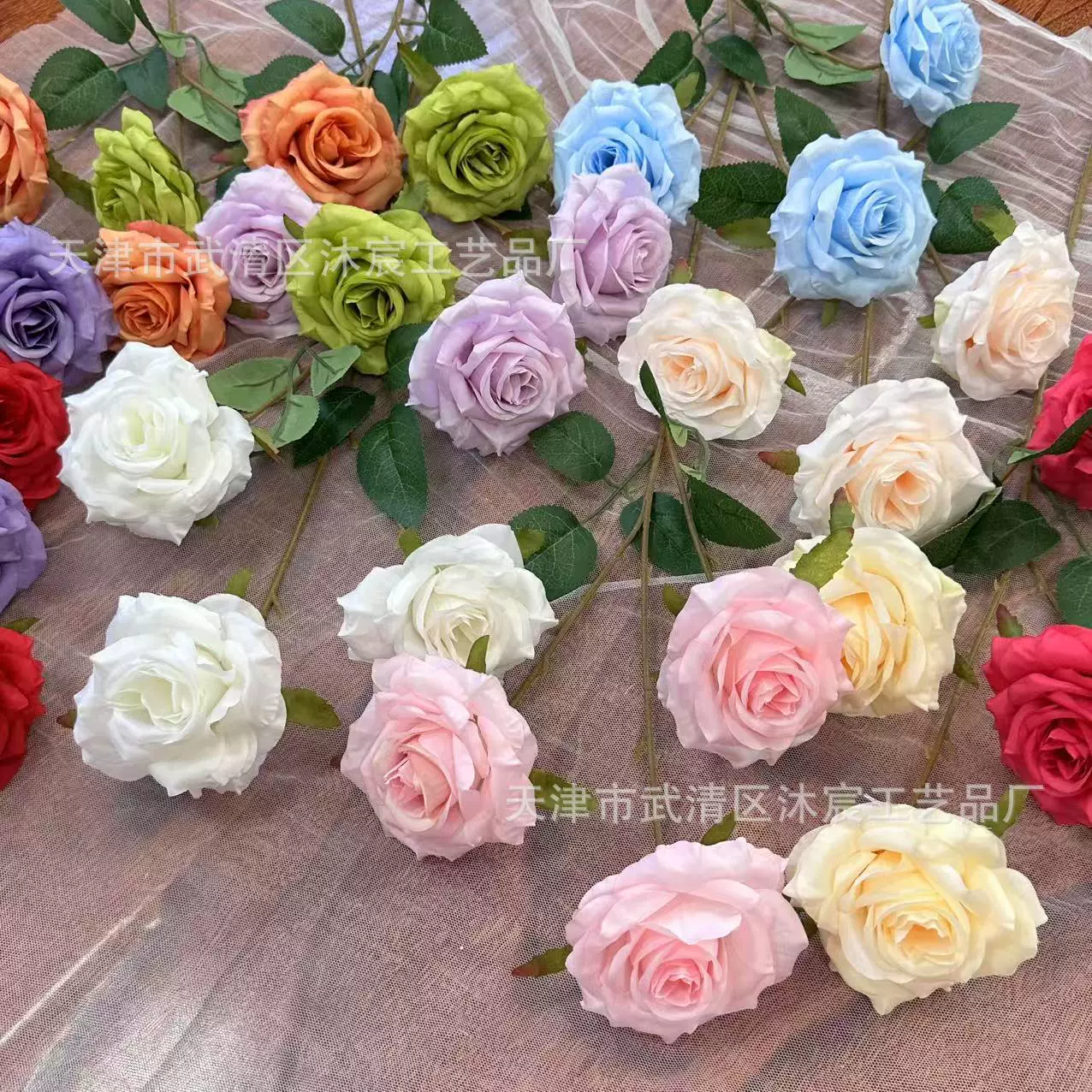 仿真花三头钻石玫瑰绢花客厅摆件拍照装饰道具婚庆花排风卡布奇诺