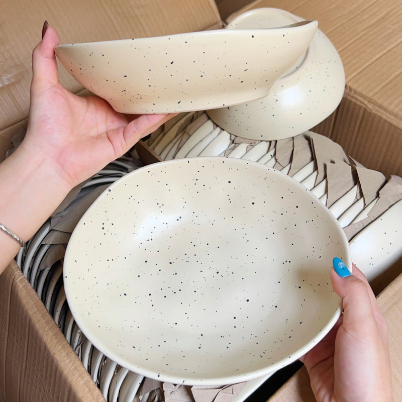 Splash-Ink Ins Glaze Sesame Household Soup Bowl Irregular Salad Bowl Household Niche Tableware Pasta Bowl Irregular-Shaped Bowl and Plate