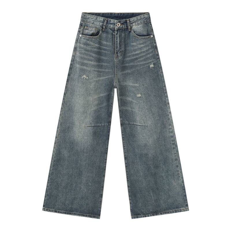 Quần jean nam ống rộng retro sờn rách giặt wash, dáng suông dài thoải mái — Màu xanh lam