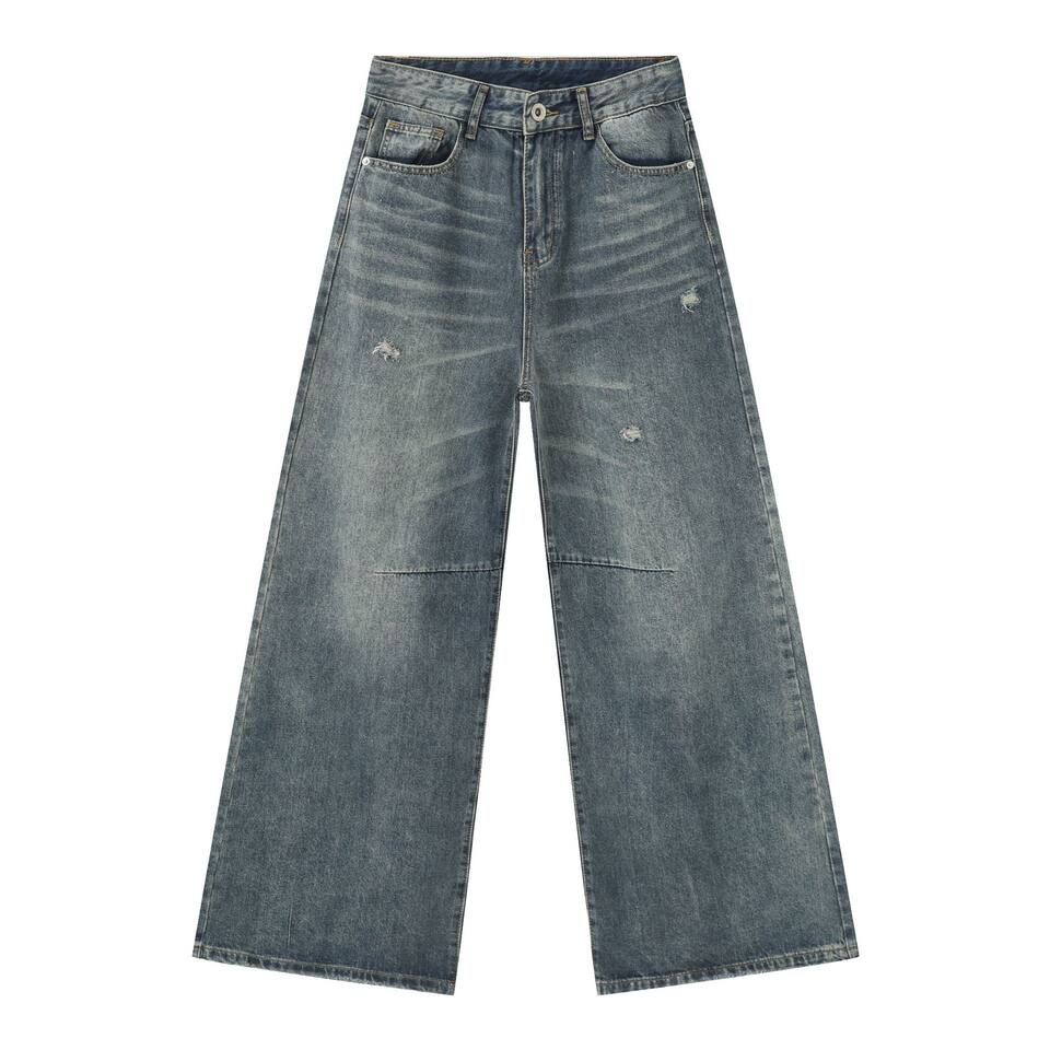 Quần jean nam ống rộng retro sờn rách giặt wash, dáng suông dài thoải mái — Màu xanh lam
