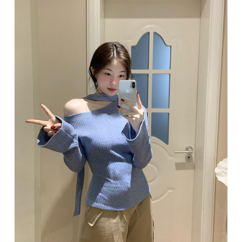 めっちゃきれい!!! 【リボン付きのシャツ】純欲風ギャル斜め肩長袖tシャツ女性インスタ痩せ独特上着|undefined