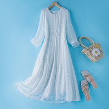 品牌杭州真丝连衣裙女春夏新款时尚宽松高端刺绣桑蚕丝裙子