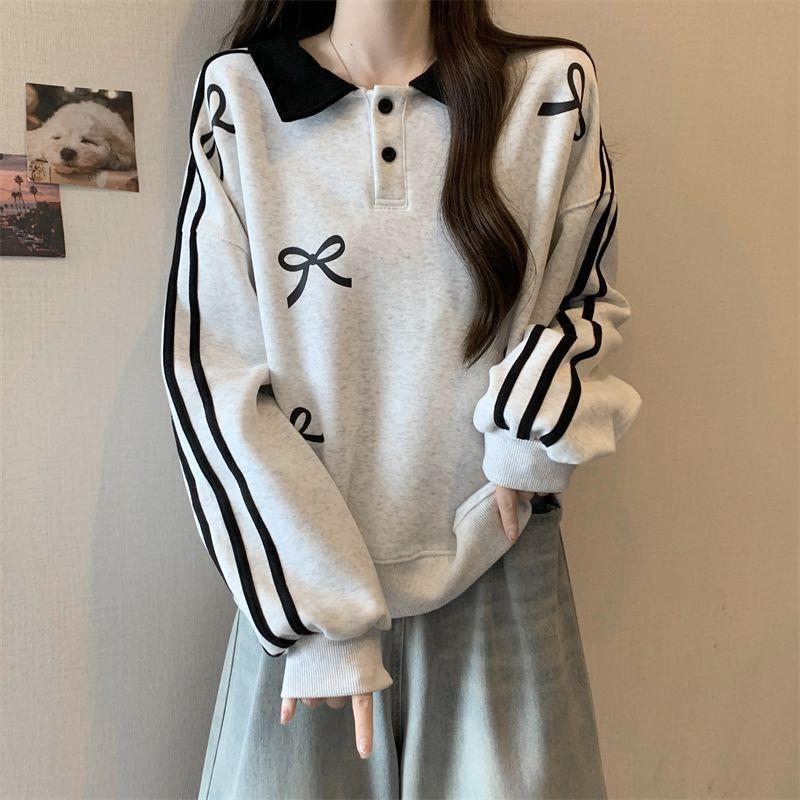 plus size 1.00 kg-150.00 kg College Style Polo Collar Sweatshirt Women's Spring and Autumn New chubby girl Striped Bow Top Coat