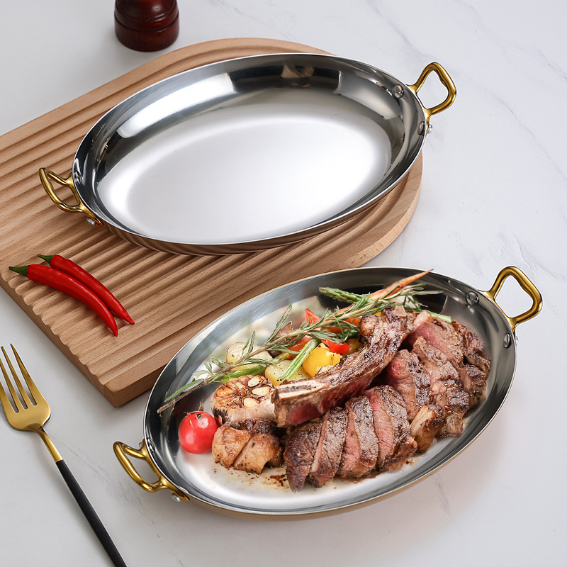 Stainless Steel Western Food Plate Spanish Seafood Lobster Plate Commercial Binaural Oval Tomahawk Steak Plate French Tableware