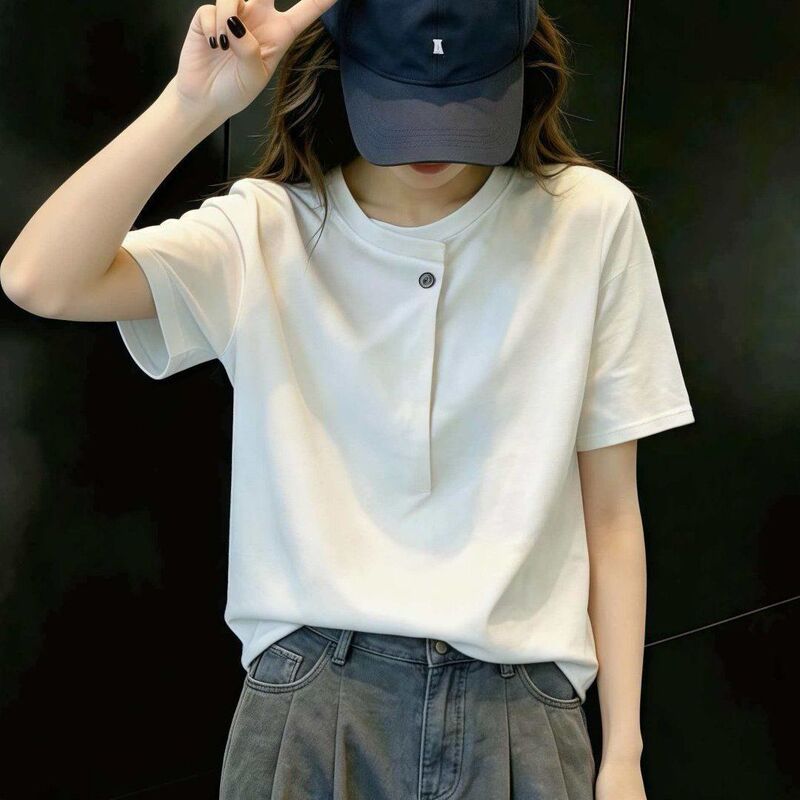 New White One-Button Short-Sleeved T-Shirt for Women, Summer Simple and Versatile Slimming Casual Top with Korean Design and Round Neck New White One-Button Short-Sleeved T-Shirt for Women, Summer Simple and Versatile Slimming Casual Top with Korean Design and Round Neck
