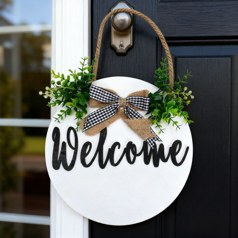 Modern Style Hello Wreath Front Door Decoration Round Welcome Wooden Hanging Sign Bow Wooden Door Sign Wholesale Modern Style Hello Wreath Front Door Decoration Round Welcome Wooden Hanging Sign Bow Wooden Door Sign Wholesale