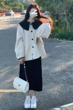 秋冬韩版套装女学生宽松温柔风娃娃领毛呢外套+黑色半身裙两件套