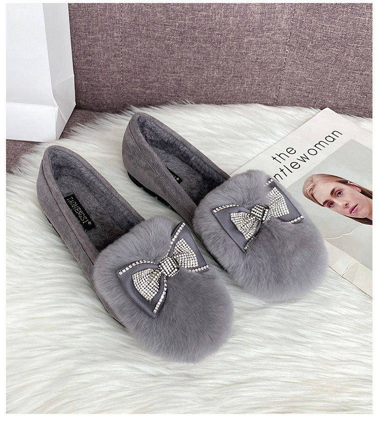 Giày lười nữ đế bệt lông thỏ trang trí nơ, giữ ấm — Màu xám, Màu đen chi tiết 20