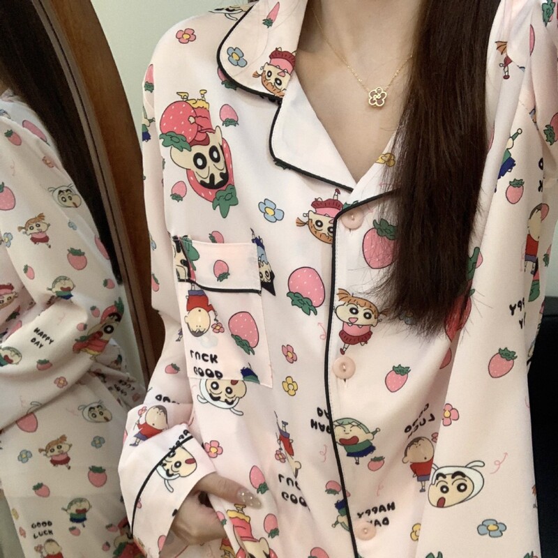 Cute Crayon Shin-Chan Ice Silk Pajamas for Women, Spring and Autumn Cardigan Long-Sleeve Four-Way Stretch Loungewear Set Cute Crayon Shin-Chan Ice Silk Pajamas for Women, Spring and Autumn Cardigan Long-Sleeve Four-Way Stretch Loungewear Set