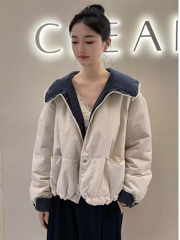 高端欧货学院风连帽撞色棉服秋冬小个子宽松保暖外套黄色加厚棉衣|undefined