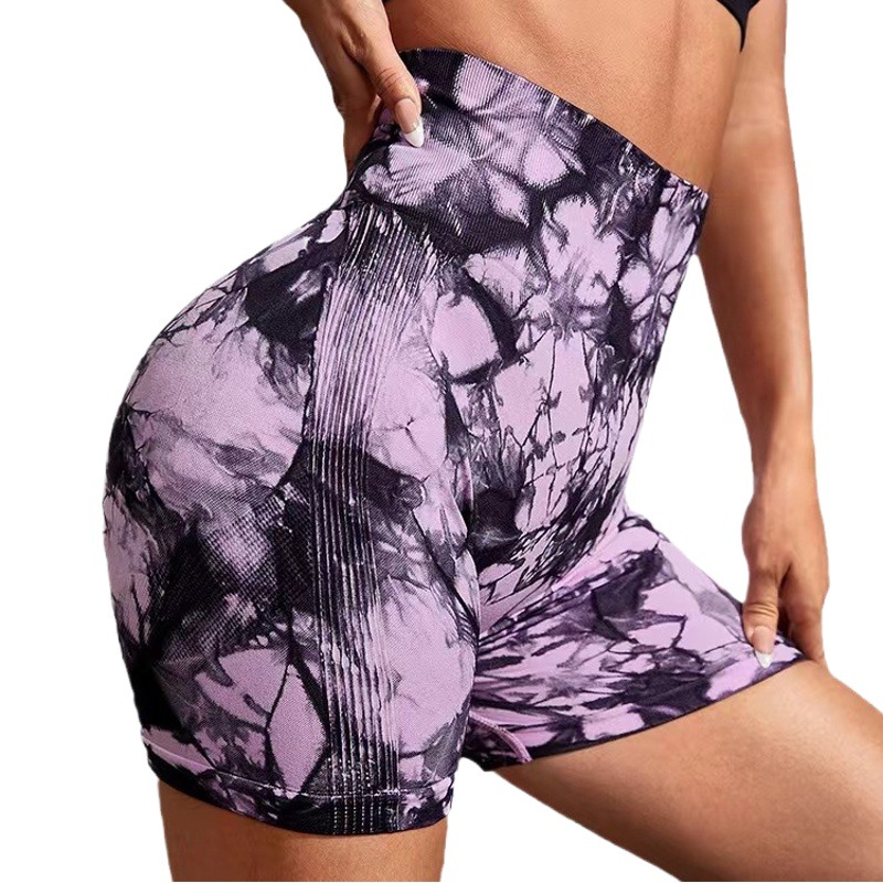 Pantalones de yoga teñidos anudados europeos y americanos transfronterizos, pantalones cortos deportivos de fitness para mujer, cómodos pantalones cortos de yoga ajustados elásticos de cintura alta para mujer