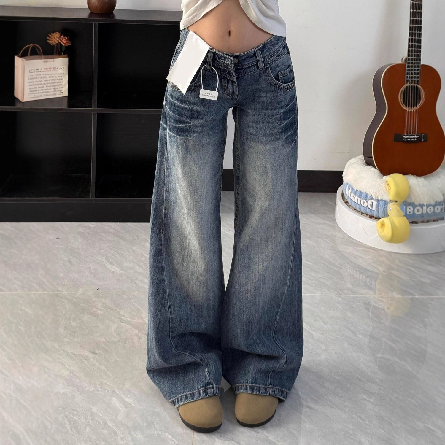 American Retro Washed Blue Flared Jeans for Women, Autumn New Style, Petite Low-Waist Loose Straight-Leg Floor-Length Pants Trendy