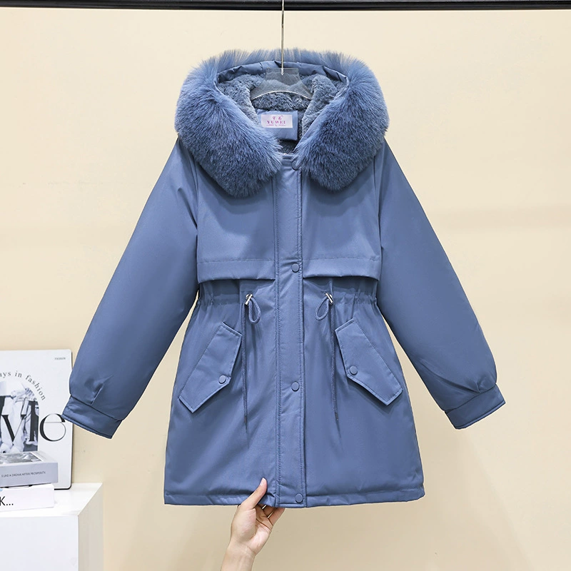 Fleece long warm down jacket, mid-length, slim fit