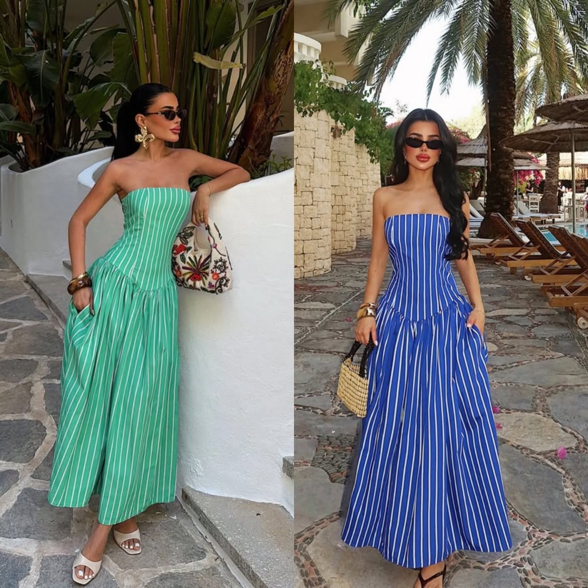 2026 European and American Cross-Border Amazon New Dress Striped Print Strapless Waist-Cinching Sexy Flared Dress
