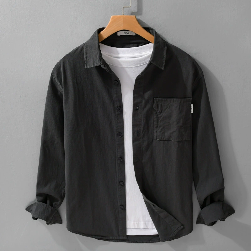 Весенне-осенняя простая и универсальная мужская рубашка с длинными рукавами, повседневная свободная мужская молодежная рубашка в стиле ретро, ​​однотонная молодежная рубашка 9121