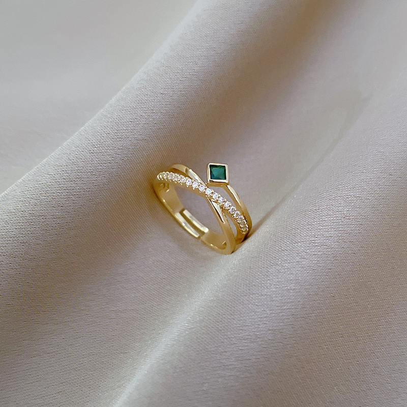 Anello a croce verde con diamanti incastonati, apertura regolabile, gioiello semplice giapponese, anello per coppie_voghion.com