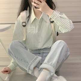 宽松春秋港风款日系复古2026小个子设计感小众上衣法式条纹衬衫女