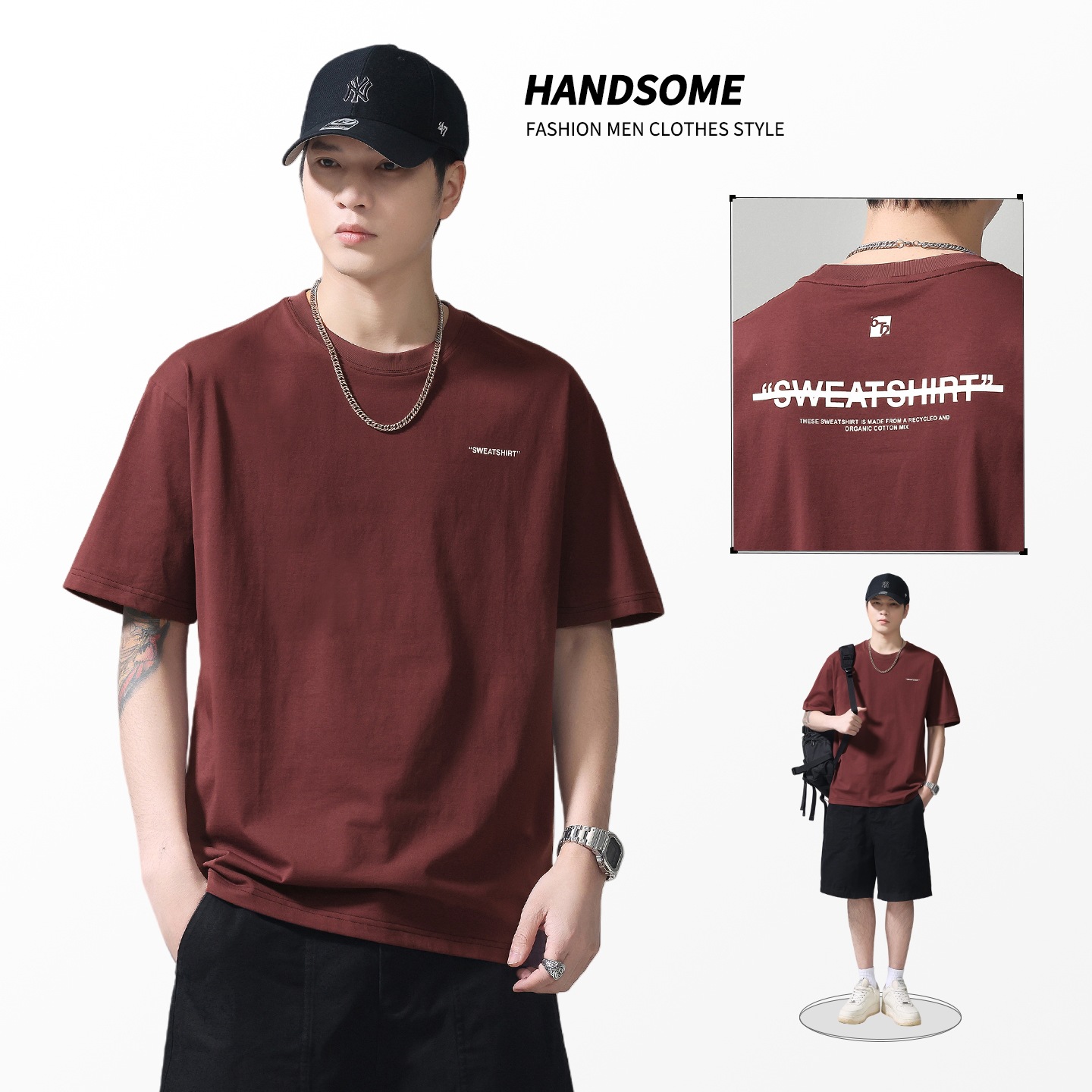 80 frío algodón camiseta de mangas cortas hombre 2026 verano transpirable camiseta de mangas cortas casuales blanco negro