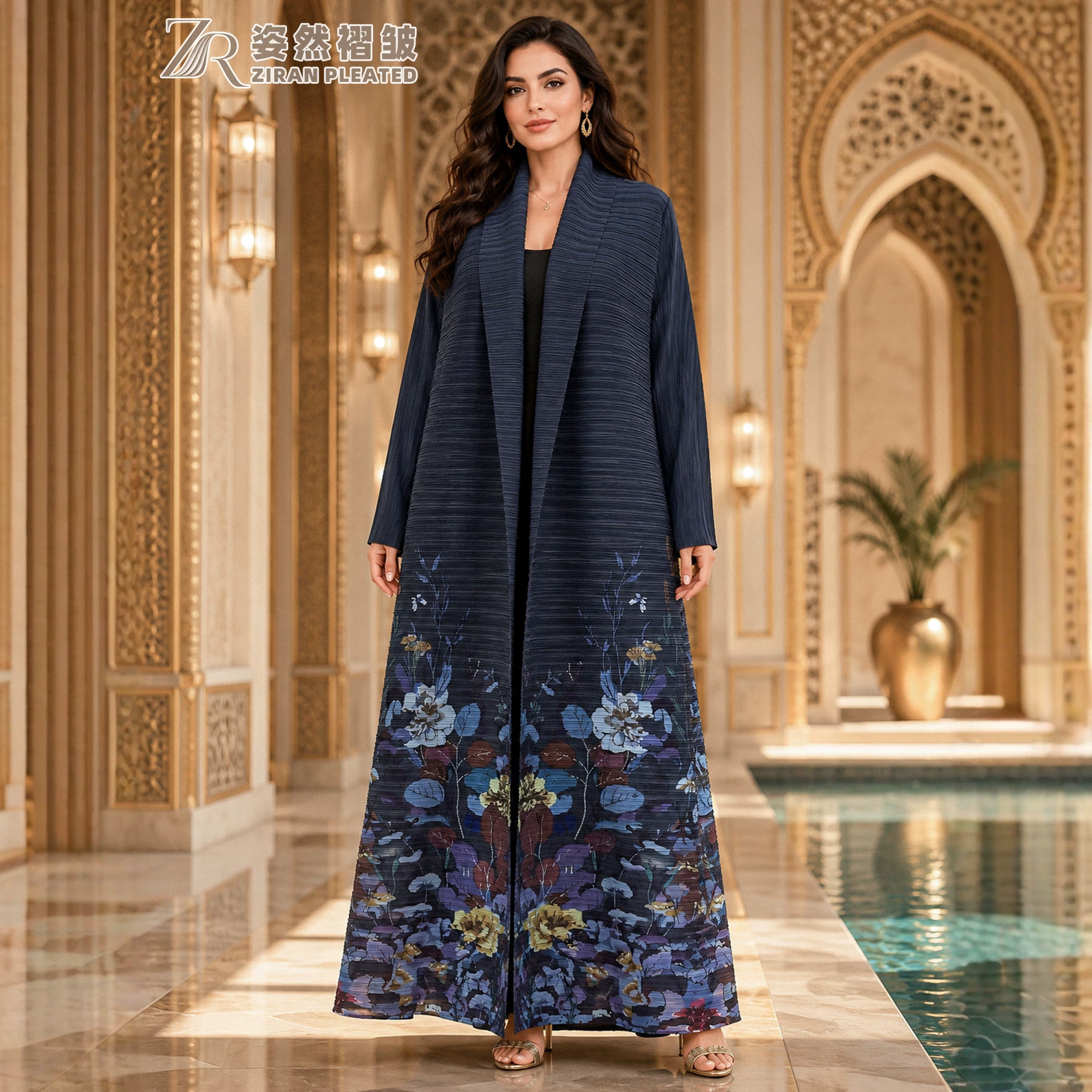 High-quality European and American style, sophisticated pleated printed long cardigan coat, long-sleeved shawl, long robe, trench coat.