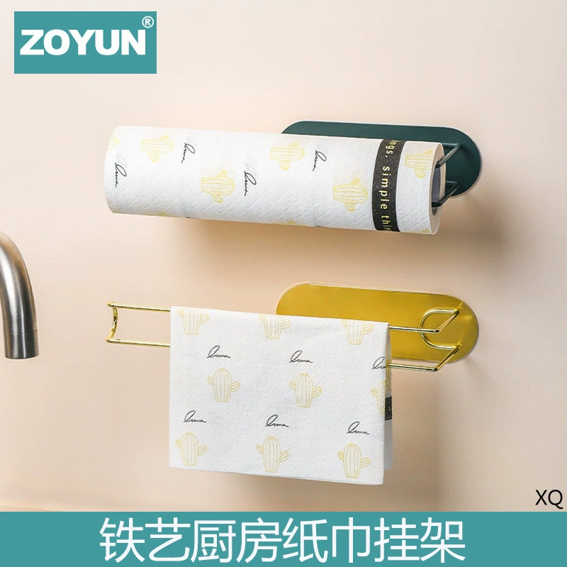 Kitchen paper towel holder without punching iron paper holder plastic wrap hanger cabinet door roll paper wall-mounted storage hanger