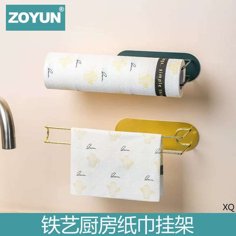 Kitchen paper towel holder without punching iron paper holder plastic wrap hanger cabinet door roll paper wall-mounted storage hanger