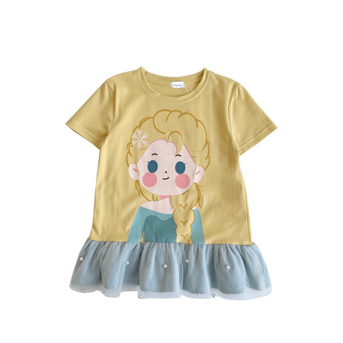 Girls' Patchwork Mesh Dress 2024 Summer New Korean Style Cute Cartoon Princess Series Ruffled Skirt for Girls