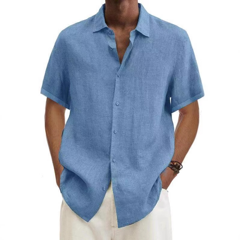 2025 Independent Station wish Amazon Explosions Summer V-Neck Button Cotton Linen Solid Color Men's Trendy Shirt Shirt Men