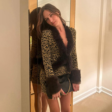 欧美风2025秋季外贸新款创意毛领拼接V领修身上衣包臀短裙套装女