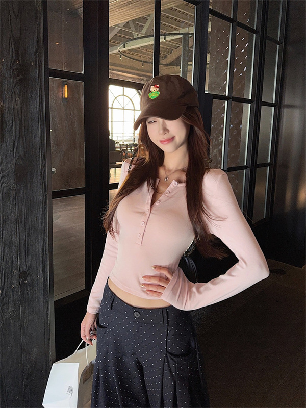 粉色长袖小众半开领短款T恤女秋季韩系甜辣妹修身显瘦内搭打底衫|undefined