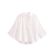 跨境外贸女装2025秋季欧美风V领蝙蝠袖中袖女式衬衫上衣