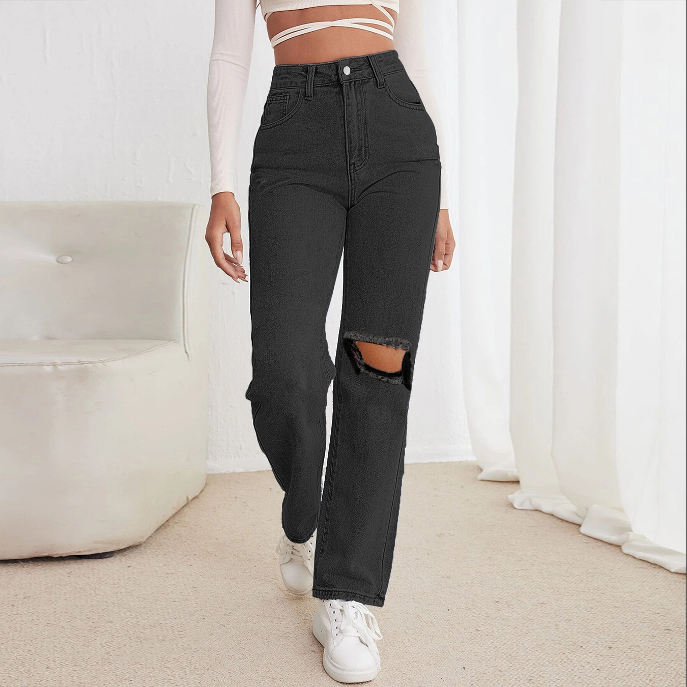 ripped straight-leg high waist solid color jeans NSGYY139639