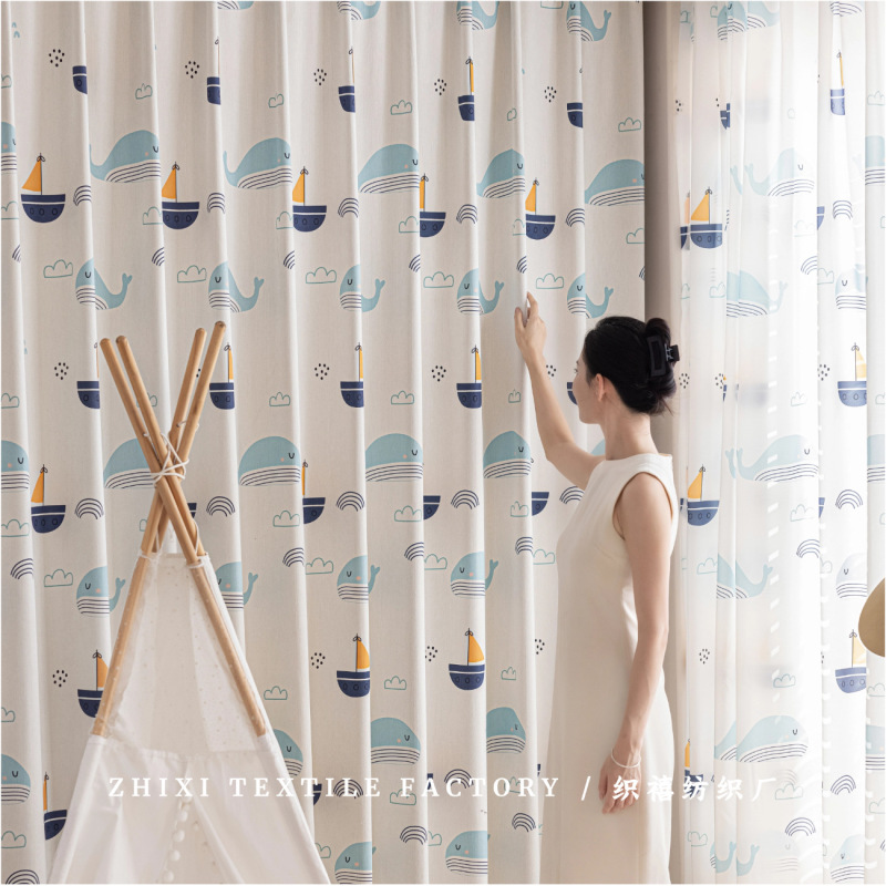Children's Room Cartoon Whale Sailboat Curtains Cream Style Blackout Printed Fabric Window Screens for Bedroom and Living Room Cute and Cozy Children's Room Cartoon Whale Sailboat Curtains Cream Style Blackout Printed Fabric Window Screens for Bedroom and Living Room Cute and Cozy