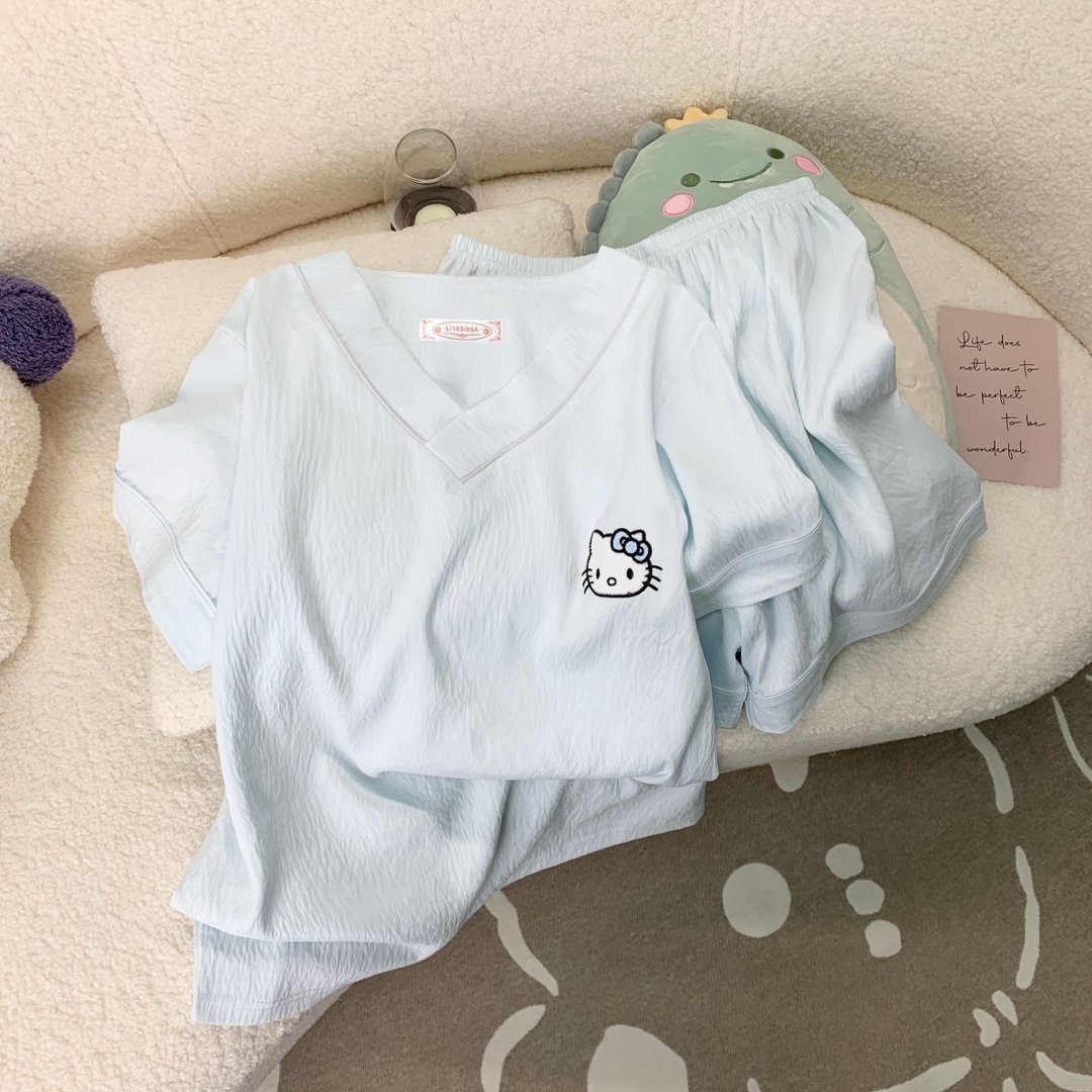 Al por mayor transfronterizo nuevo pijama dulce de verano nubes de algodón impresión de dibujos animados de cuello V hoodie set de ropa para el hogar
