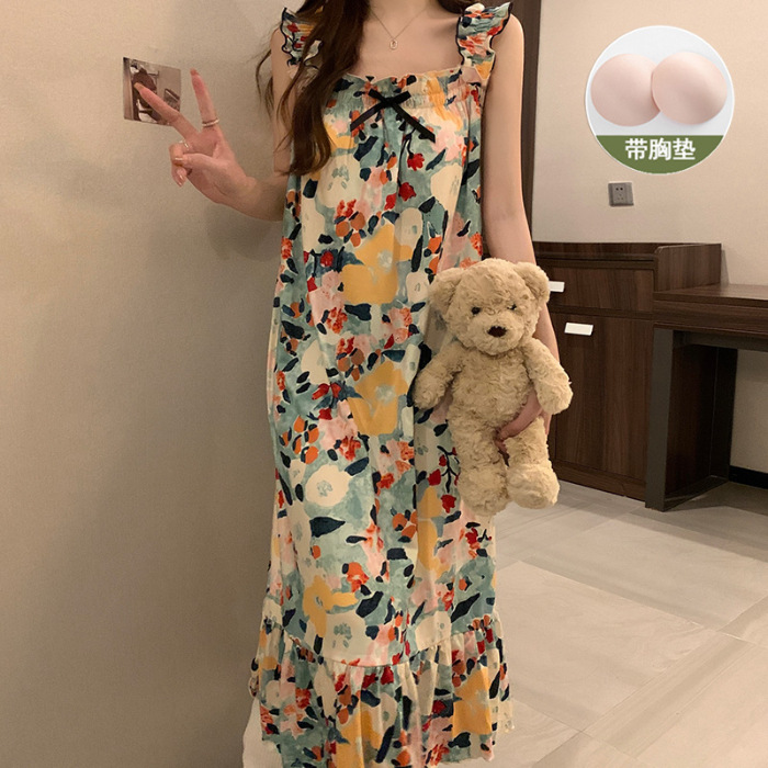 Pijama de mujer de verano dulce chaleco de cinturón de pecho tejido de algodón espuma tela arrugada pijama de mujer de verano vestido lindo