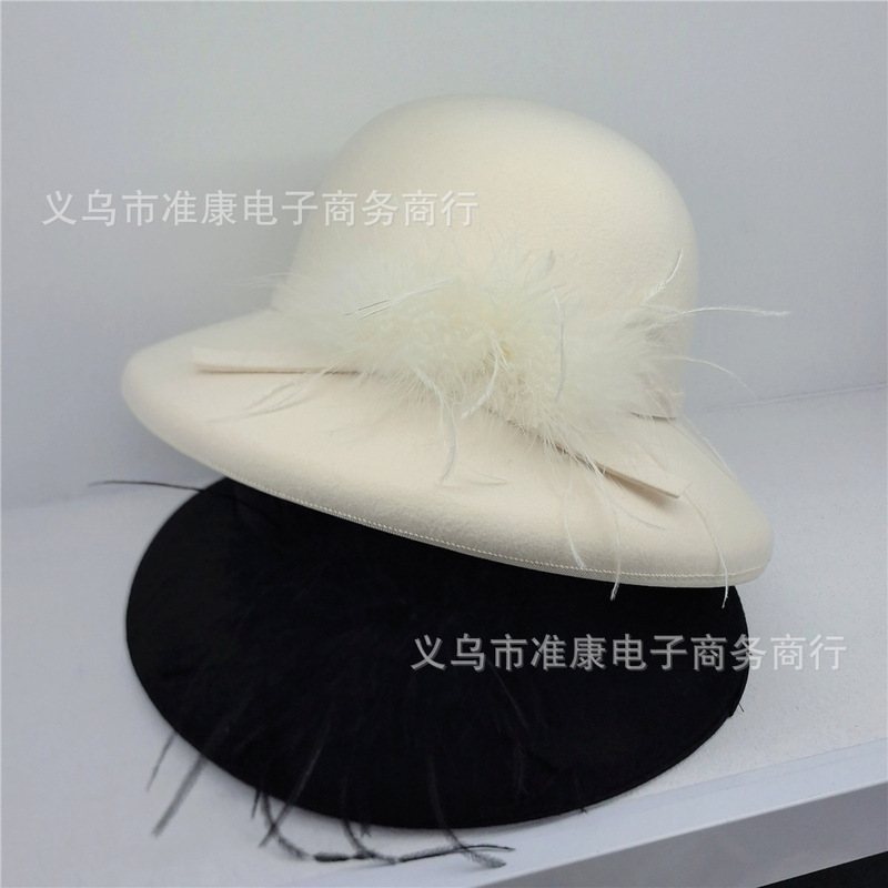 新款赫本风秋冬羊毛呢定型小礼帽女法式复古优雅羽毛装饰时尚帽子|undefined