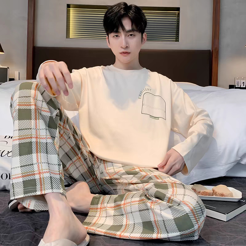 2026 pijamas de manga larga para hombres primavera y otoño simple chaqueta casual juvenil invierno set de ropa de hogar se puede usar para el comercio exterior