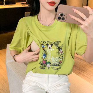 Pure Cotton Postpartum Breastfeeding Jacket for Going Out Thin Short-sleeved T-shirt for Hot Mom in Spring and Autumn
