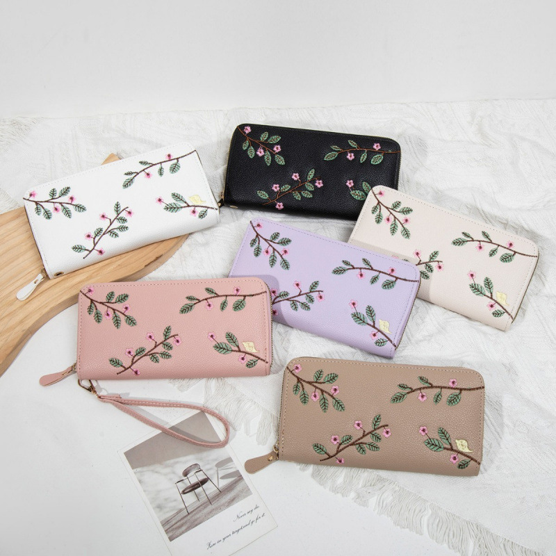 2025 nueva cartera de mujer larga cremallera bolso de mano de moda bordado bolso de cambio de cuero suave de gran capacidad