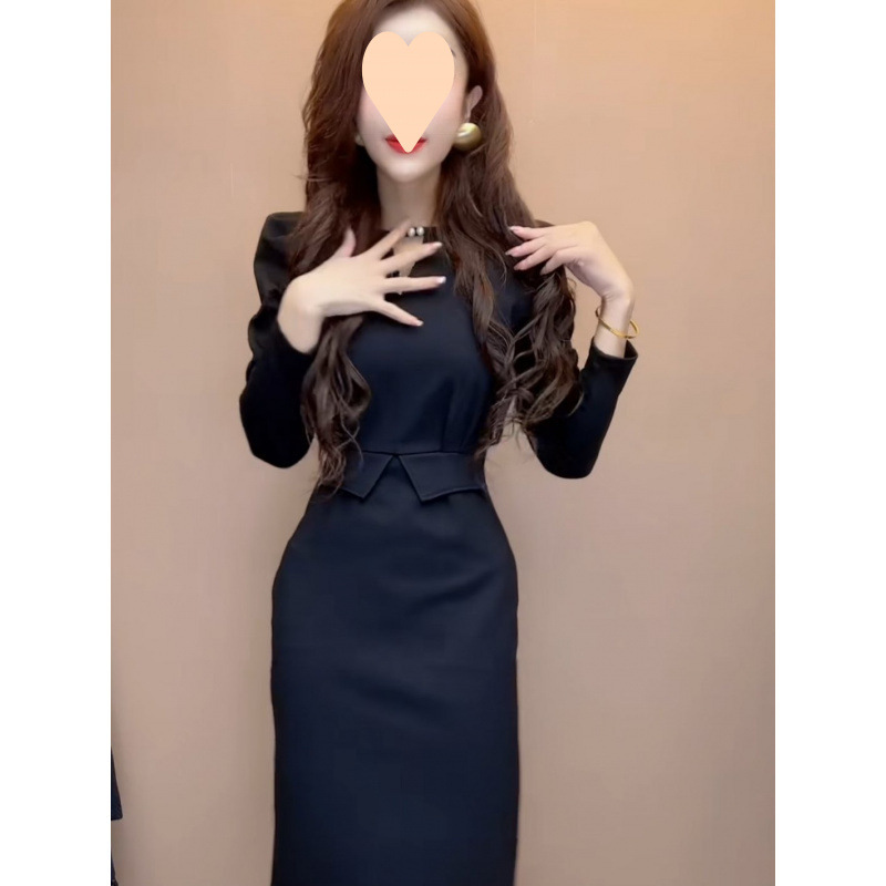 High-end sense of temperament, Hepburn round neck bead design sense goddess Fan Yujie slit hip-packing long dress