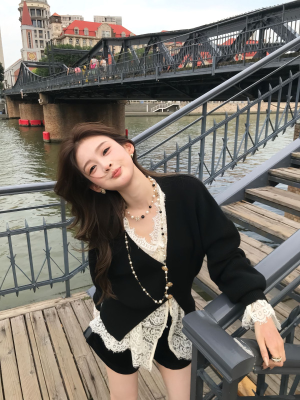 设计感法式开叉V领毛衣开衫女2025早秋新款韩系别致长袖针织上衣|undefined