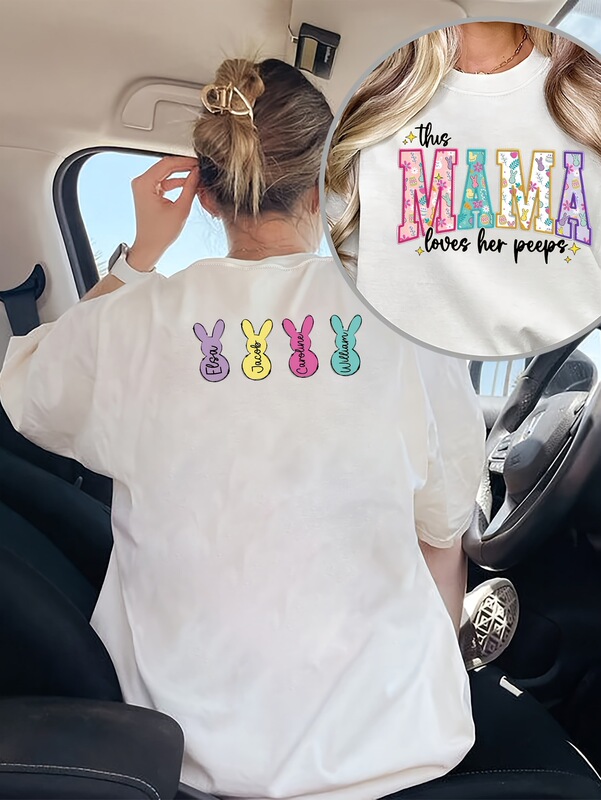 Easter Mom Gift T-Shirt - "This Mom Loves Her Babies" Print on Front and Back, Colorful Rabbit Design Easter Mom Gift T-Shirt - "This Mom Loves Her Babies" Print on Front and Back, Colorful Rabbit Design