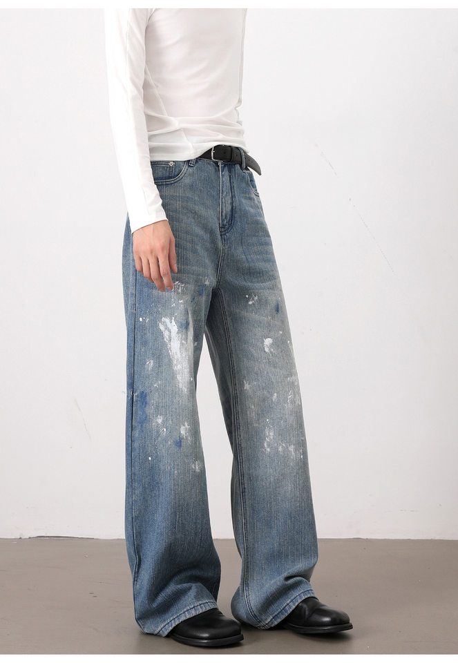 Quần jeans nam ống rộng dáng thẳng phong cách Hàn Quốc, họa tiết vẽ tay độc đáo — Màu xanh dương chi tiết 14