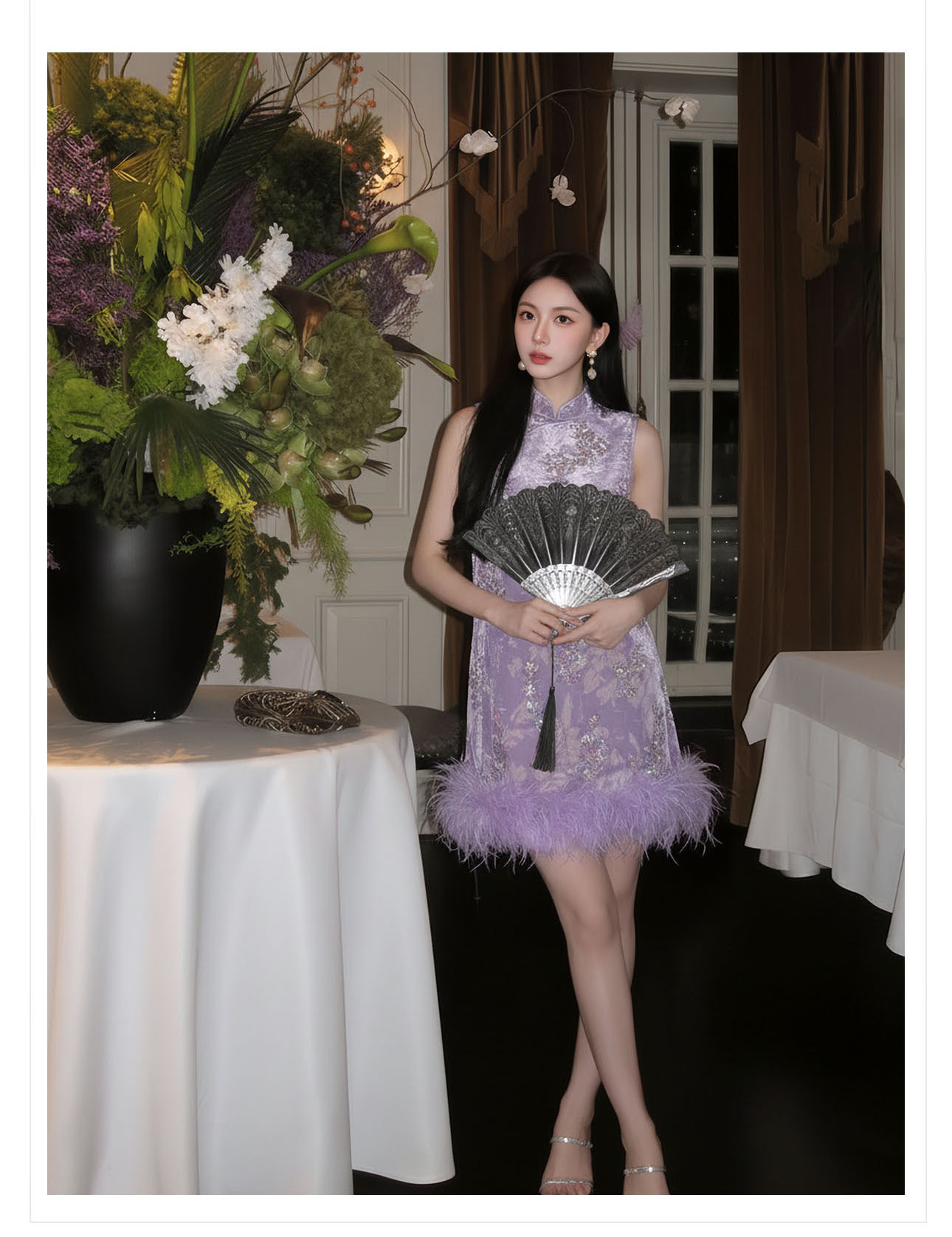 Đầm maxi nữ thắt eo phong cách cổ điển sang trọng kết hợp lông đà điểu và đính sequin thêu — màu tím chi tiết 14