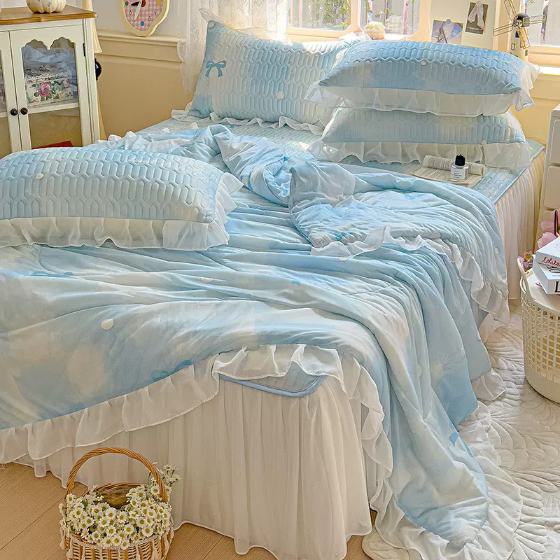 凉感丝床裙款枕套花边乳胶凉席夏被夏凉被空调被四件套