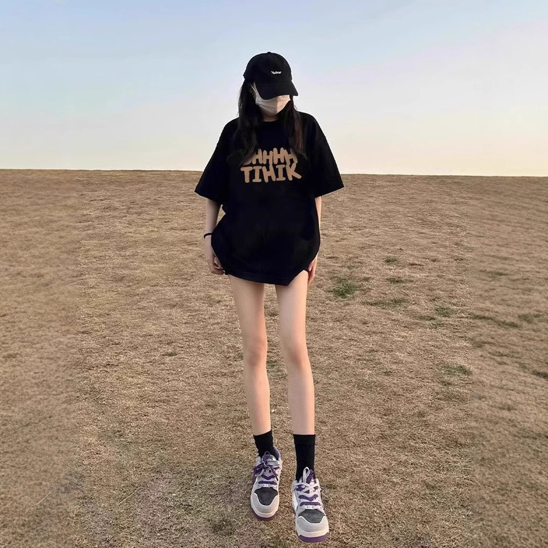 plus size Black Shoulder Short-sleeved T-shirt Women's New Summer American Style Loose Cotton Half-sleeved Design Sweet and Hot Top