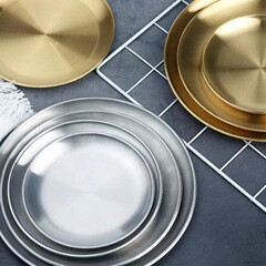 Stainless steel thickened round plate, gold colored Western dinner plate, fruit plate, barbecue tray, bone dish, factory direct sales