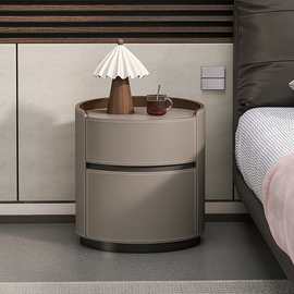 SNAM11轻奢高级感马鞍皮圆形床头柜创意实木现代简约小型极简卧室