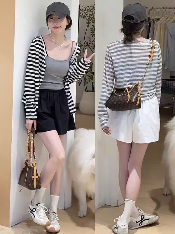 夏季韩系一整套绝美条纹长袖防晒开衫配吊带配显瘦阔腿短裤三件套|undefined