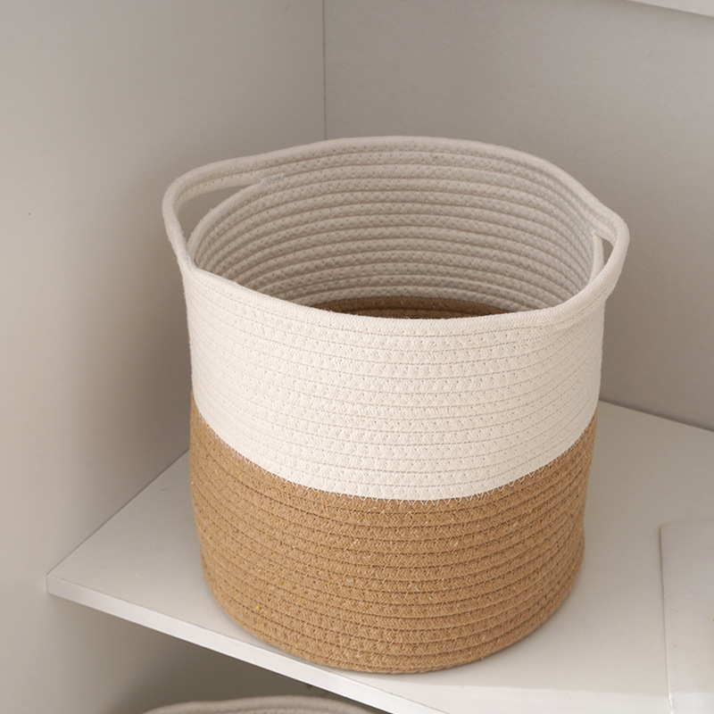 麻绳收纳篓两色拼接 现代家居多功能收纳筐 家居圆桶形收纳筐
